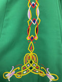 VTG 60s 70s FOLK GREEN WHITE RED YELLOW BLACK CELTIC EMBROIDERED DRESS 4 6