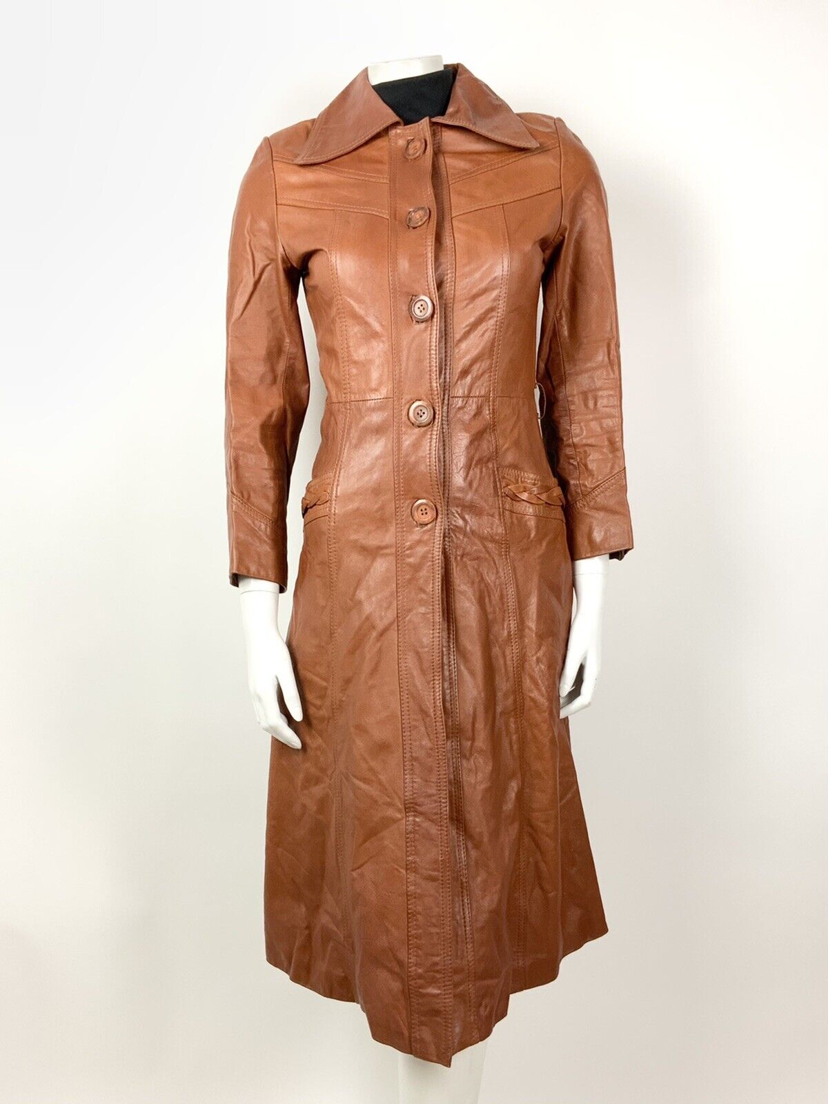 VTG 60s 70s TAN ORANGE BROWN DAGGER COLLAR MOD LONG LEATHER COAT 6 8