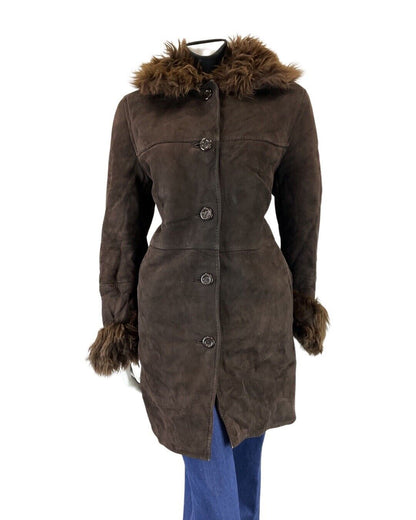 VINTAGE 60s 70s DARK BROWN SUEDE LEATHER MOD BOHO PENNY LANE SHEARLING COAT 16