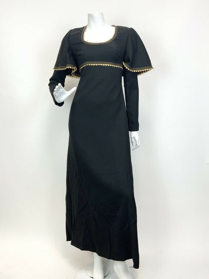 VTG 60s 70s BLACK GOLD RICRAC CAPE-SLEEVE GLAM PARTY EMPIRE LINE MAXI DRESS 8