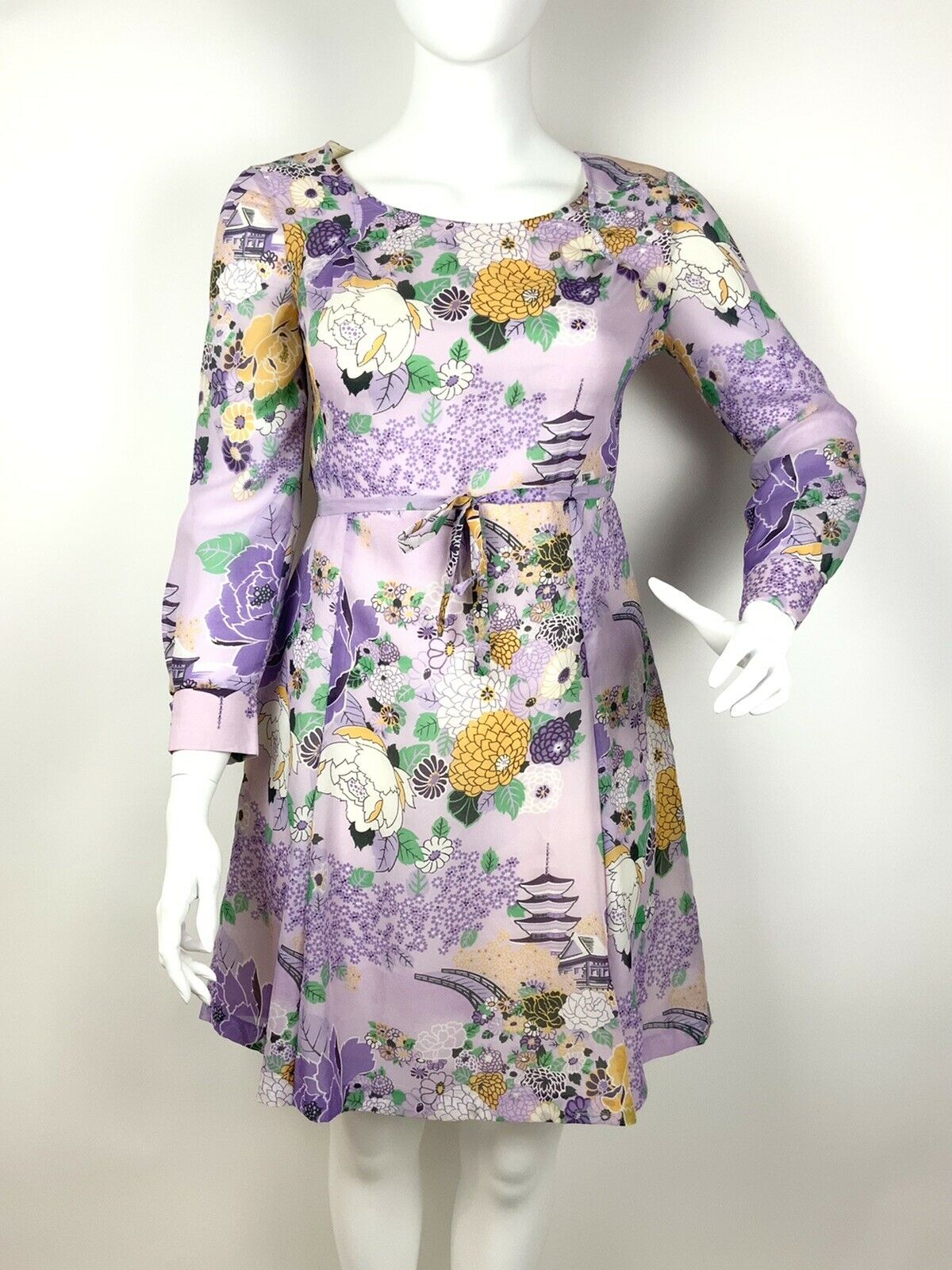 VINTAGE 60s 70s PURPLE YELLOW GREEN WHITE ORIENTAL PAGODA FLORAL SHEER DRESS 16