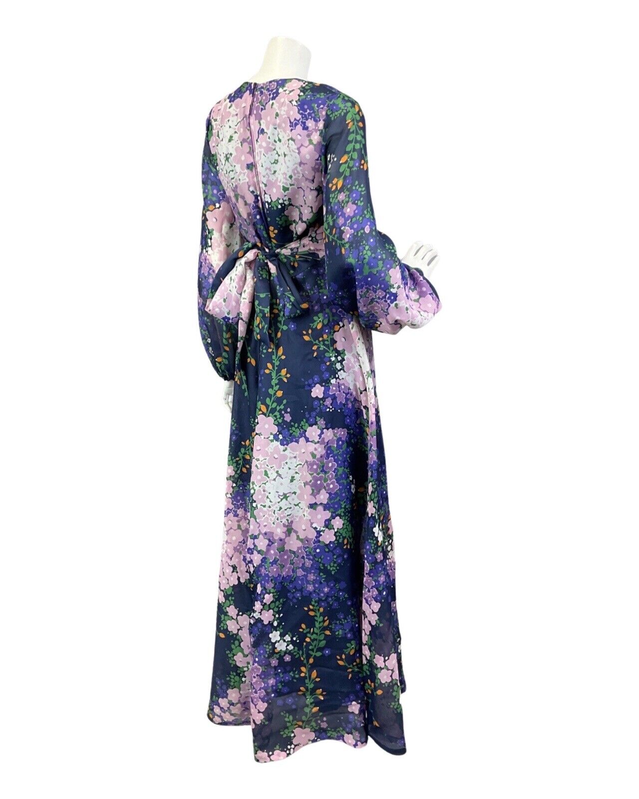 VINTAGE 70s BLUE PURPLE WHITE PSYCHEDELIC FLORAL FLOATY SUMMER MAXI DRESS 10