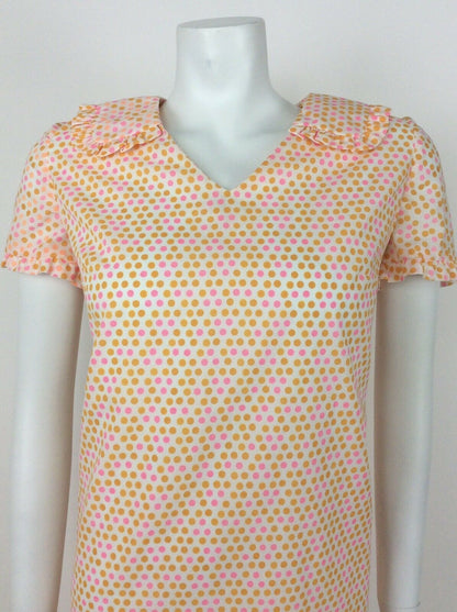 VTG 60s 70s ORANGE PINK WHITE POLKA DOT RUFFLE COLLAR TRAPEZE DRESS 10 12 14