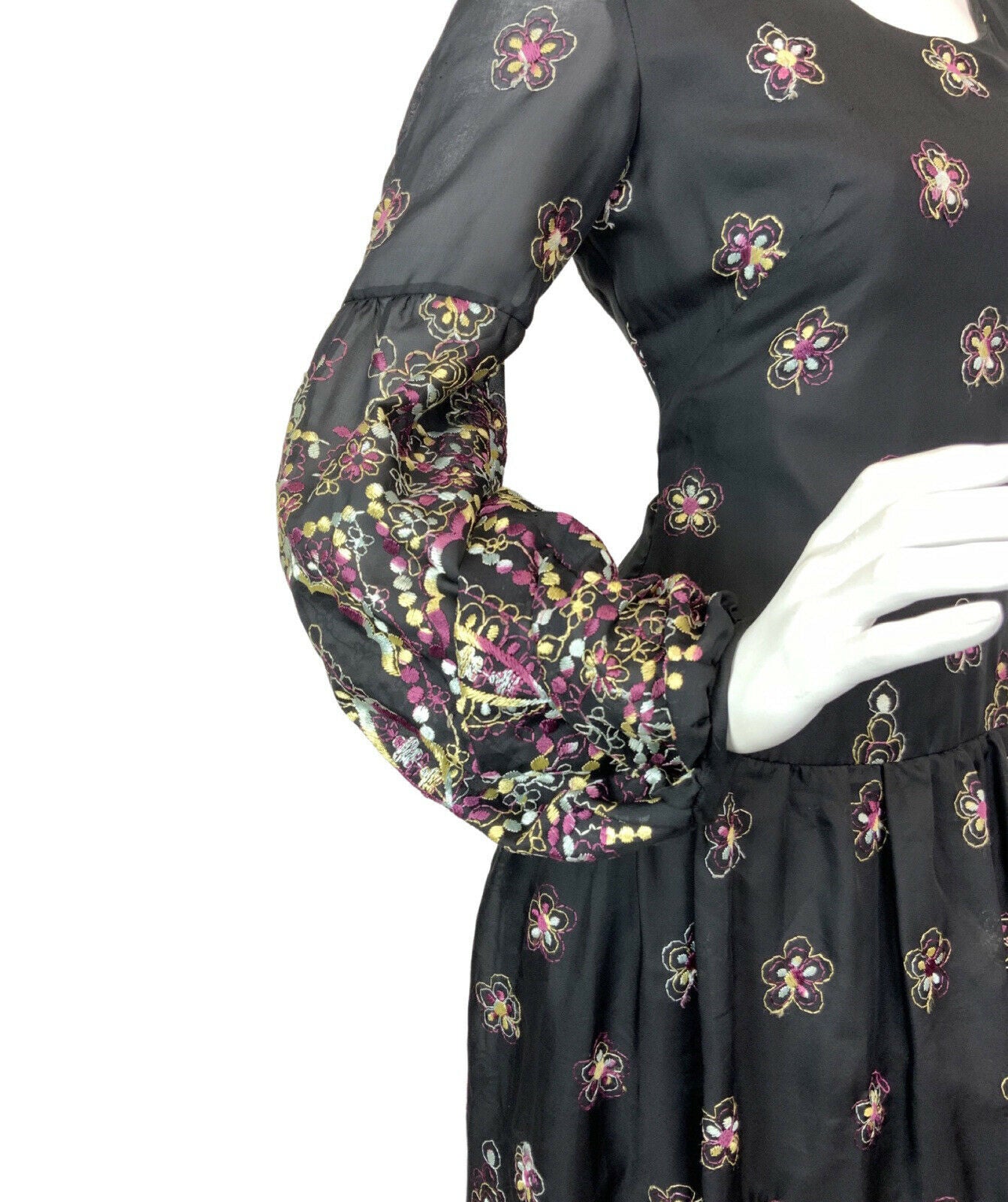 VTG 60s 70s BLACK PURPLE YELLOW EMBROIDERED FLORAL BOHO MOD MAXI DRESS 10 12