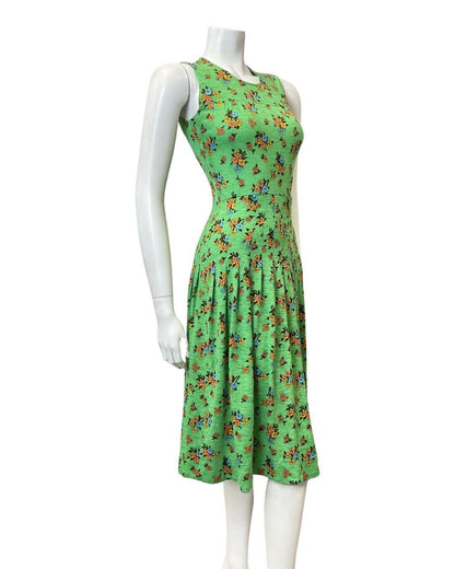 VINTAGE 60s 70s GREEN ORANGE BLUE FLORAL SLEEVELESS PLEATED SWING MIDI DRESS 8