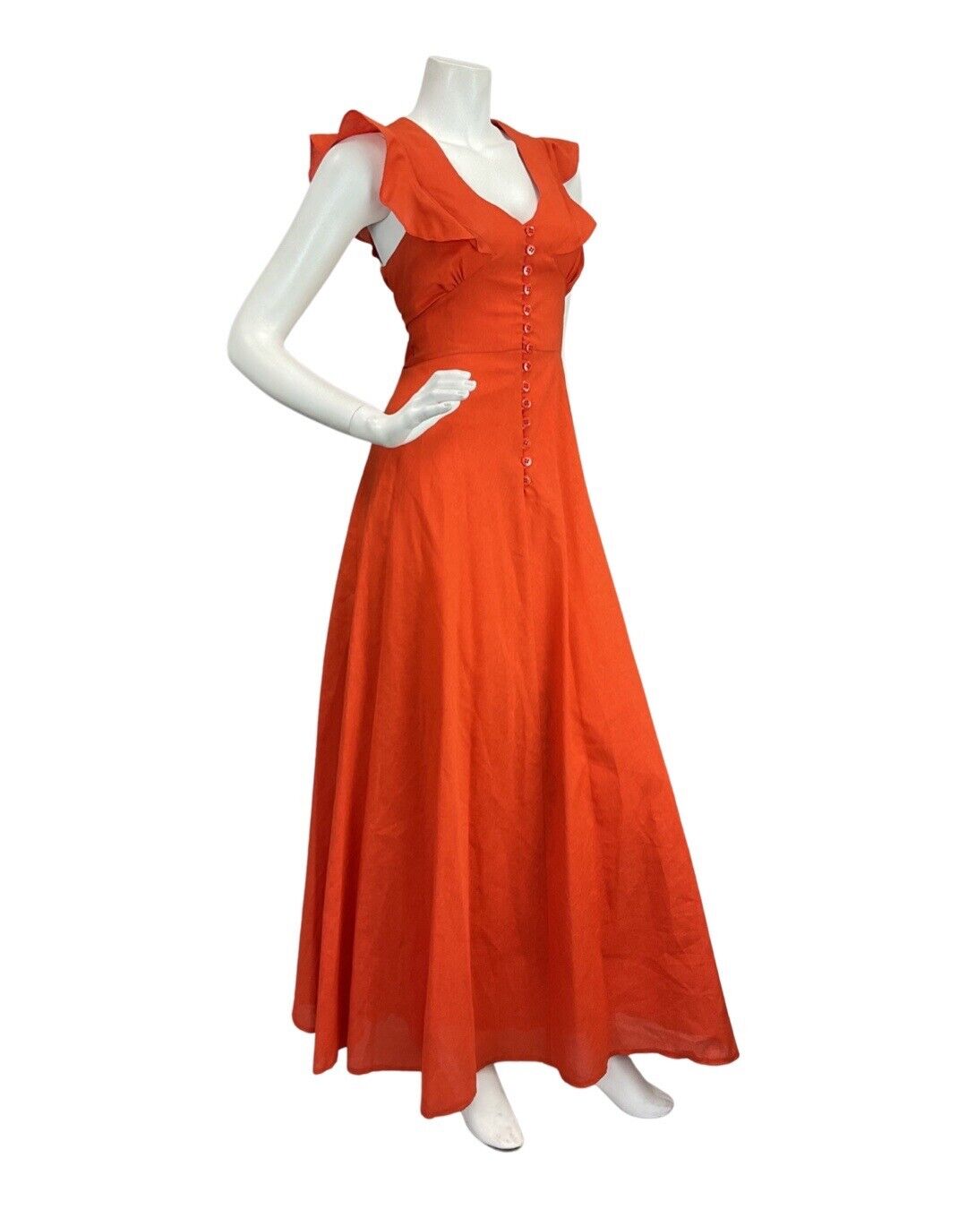 VINTAGE 60s 70s BRIGHT ORANGE BOHO MOD RUFFLED SLEEVELESS MAXI DRESS 8 10