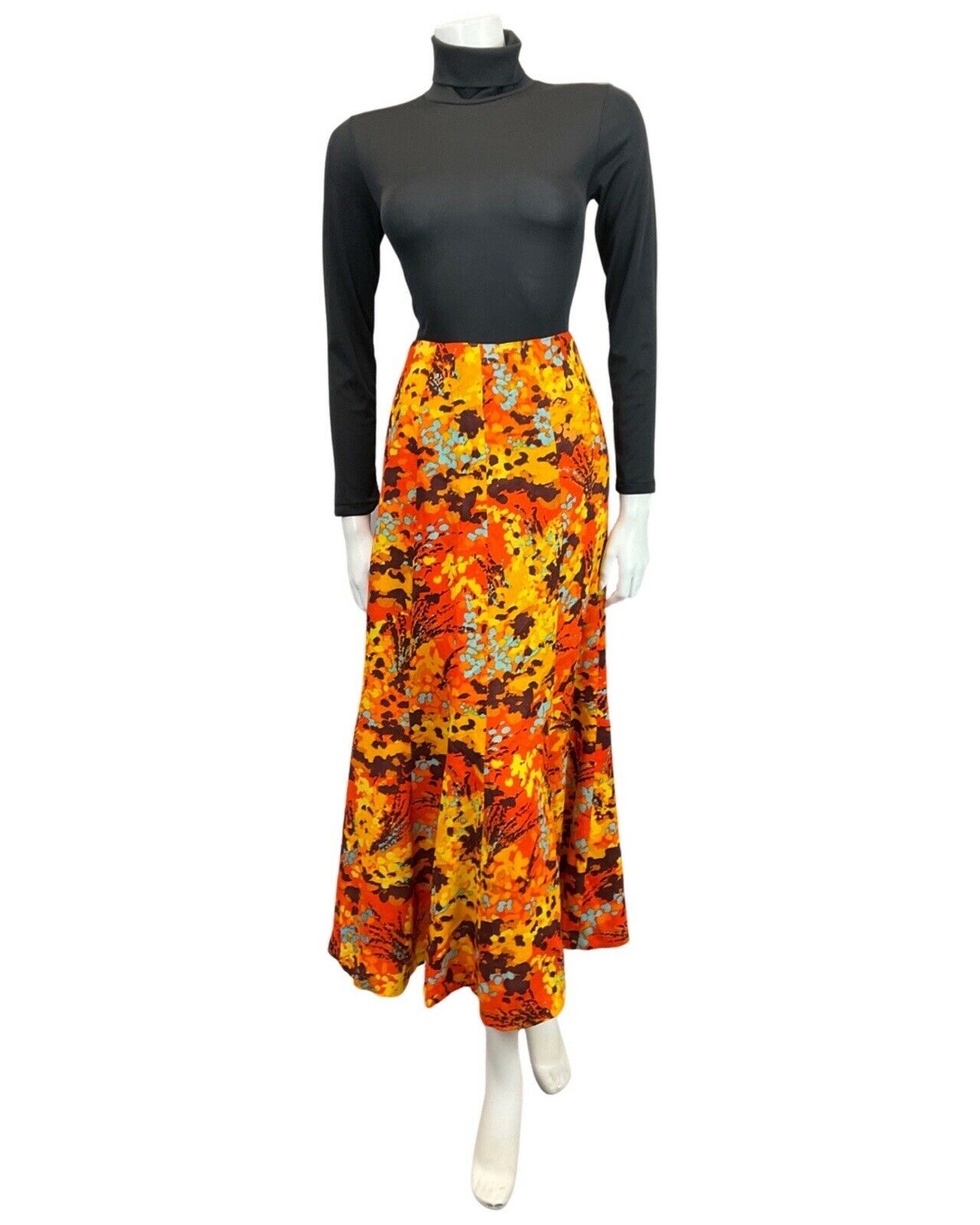 VINTAGE 70s ORANGE YELLOW BROWN PSYCHEDELIC FLORAL FLARED MAXI SKIRT 6