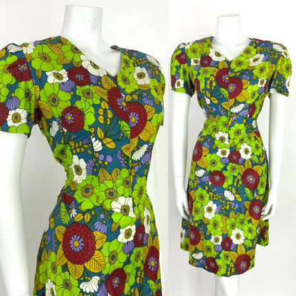 VINTAGE 60s A-LINE TEA DRESS FLORAL DITSY GREEN BLUE RED PURPLE 12 14