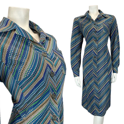 VINTAGE 60s 70s BLUE GREEN YELLOW STRIPED DOTTY MOD SHIRT DRESS 14