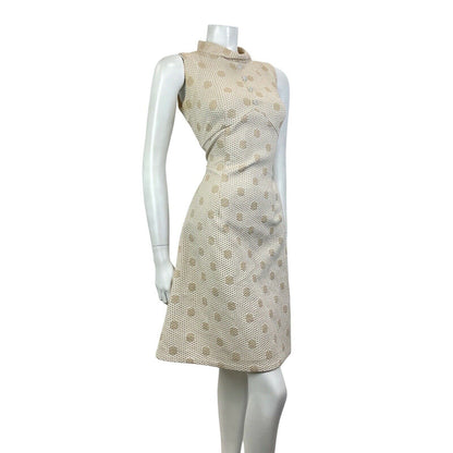 VINTAGE 60s 70s CREAM GOLD LUREX POLKA-DOT PARTY DISCO STUDIO 54 MOD DRESS 10 12