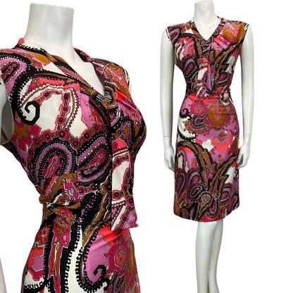 VINTAGE 60s 70s WHITE PINK BLACK PSYCHEDELIC PAISLEY PRINT MIDI DRESS 14