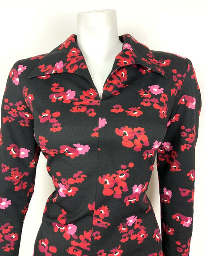 VINTAGE 60s 70s BLACK RED PINK PURPLE FLORAL WING COLLAR SHIFT DRESS 12 14