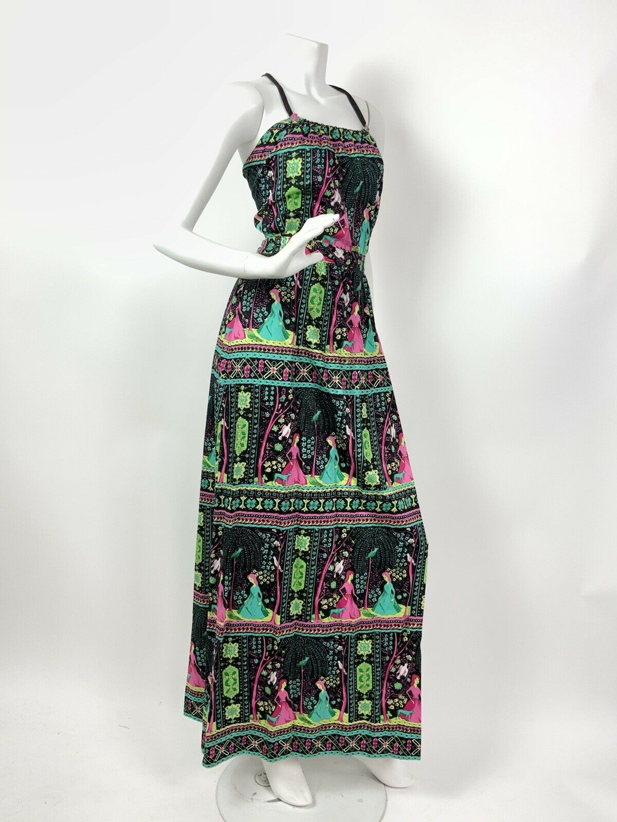 VTG 60s 70s BLACK GREEN PINK PSYCHEDELIC BIRD WOMAN FLORAL STRAPPY MAXI DRESS 8