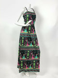 VTG 60s 70s BLACK GREEN PINK PSYCHEDELIC BIRD WOMAN FLORAL STRAPPY MAXI DRESS 8