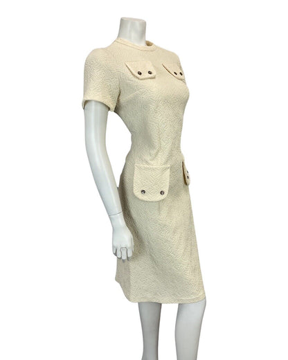 VINTAGE 60s 70s CREAM OFF WHITE TEXTURED MOD MIDI OCCASION DRESS 12