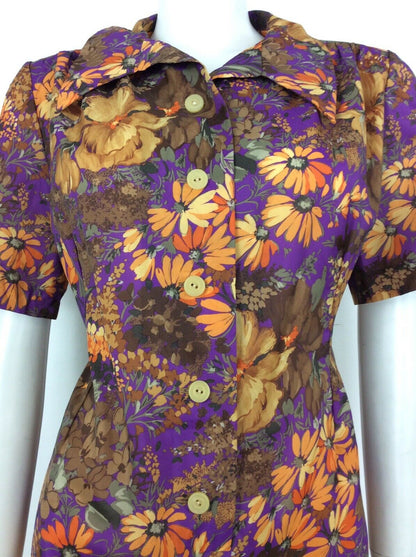 60S 70S VINTAGE BROWN PURPLE ORANGE FLORAL ABSTRACT SHIRT DRESS 14 16