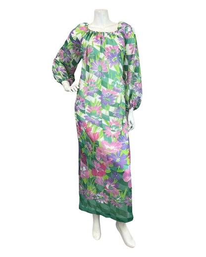 VINTAGE 60s 70s GREEN PINK PURPLE FLORAL FLOATY TENT SHEER MAXI DRESS 12 14