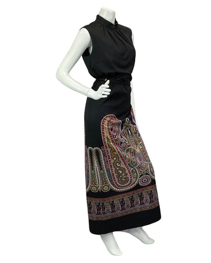 VINTAGE 60s 70s BLACK PURPLE BURGUNDY PAISLEY PRINT BOHO DISCO MAXI DRESS 14 16