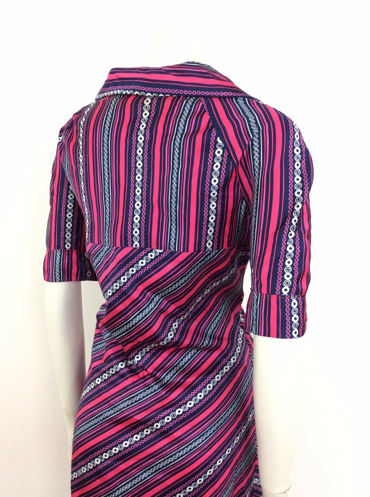 VINTAGE 60s 70s STRIPED CIRCLE GEOMETRIC SHIRT DRESS PINK BLUE WHITE 14