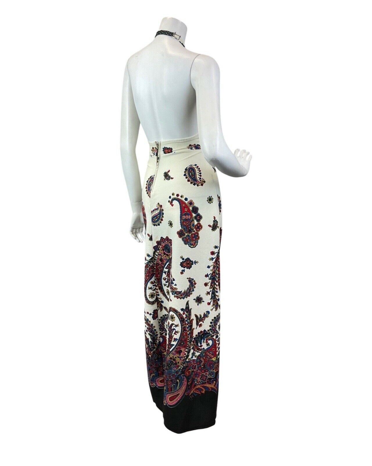 VINTAGE 60s 70s CREAM RED BLUE PAISLEY FLOWER BOHO MOD HALTER MAXI DRESS 8 10