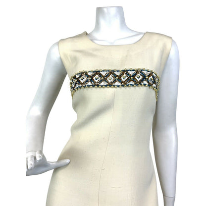 VINTAGE 60s 70s CREAM BLUE GOLD SEQUIN BEADED EMPIRE LINE PARTY MAXI DRESS 10 12