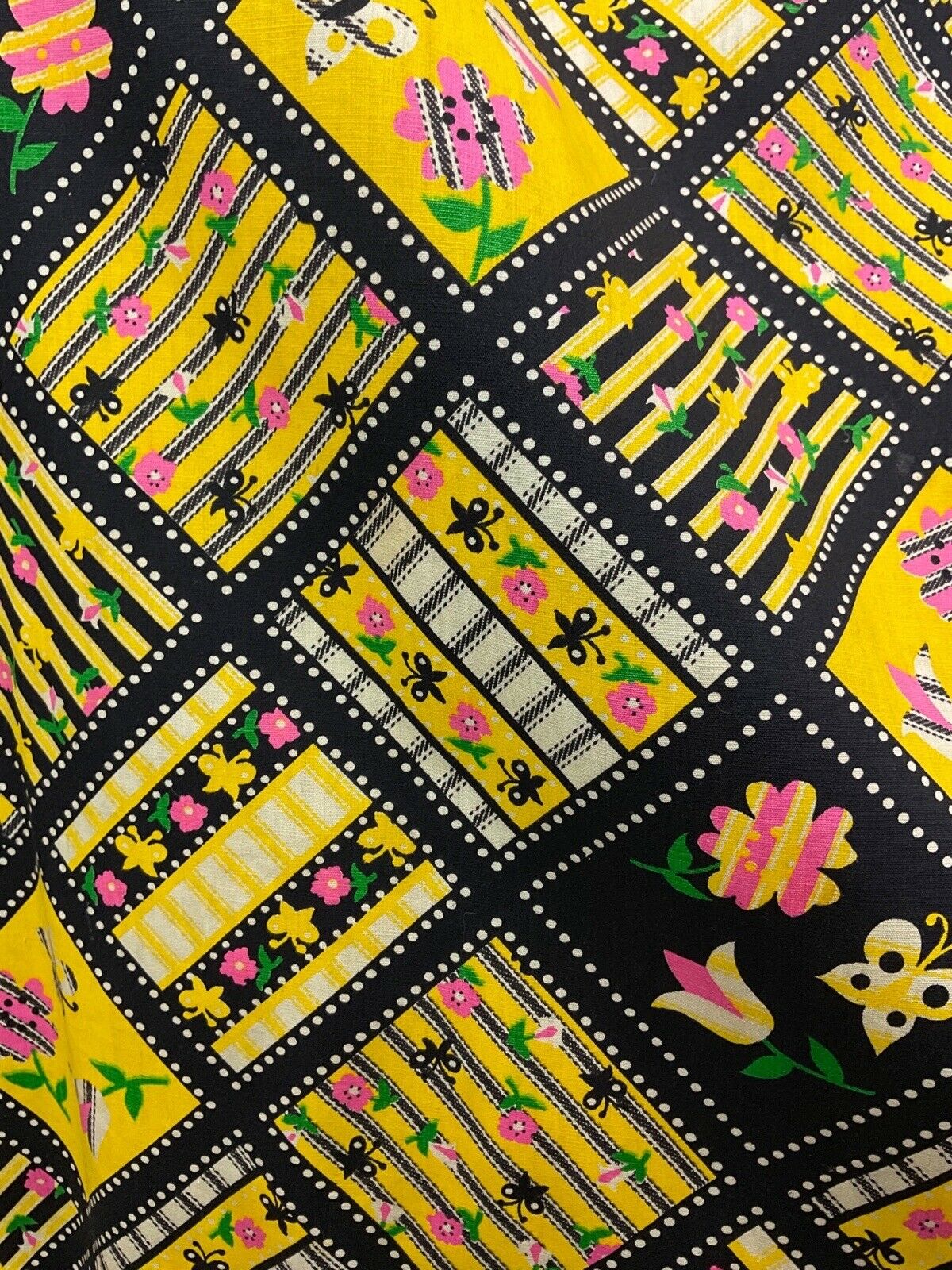 VTG 60s 70s YELLOW BLACK PINK PATCHWORK FLORAL BUTTERFLY MOD FOLK MAXI DRESS 14