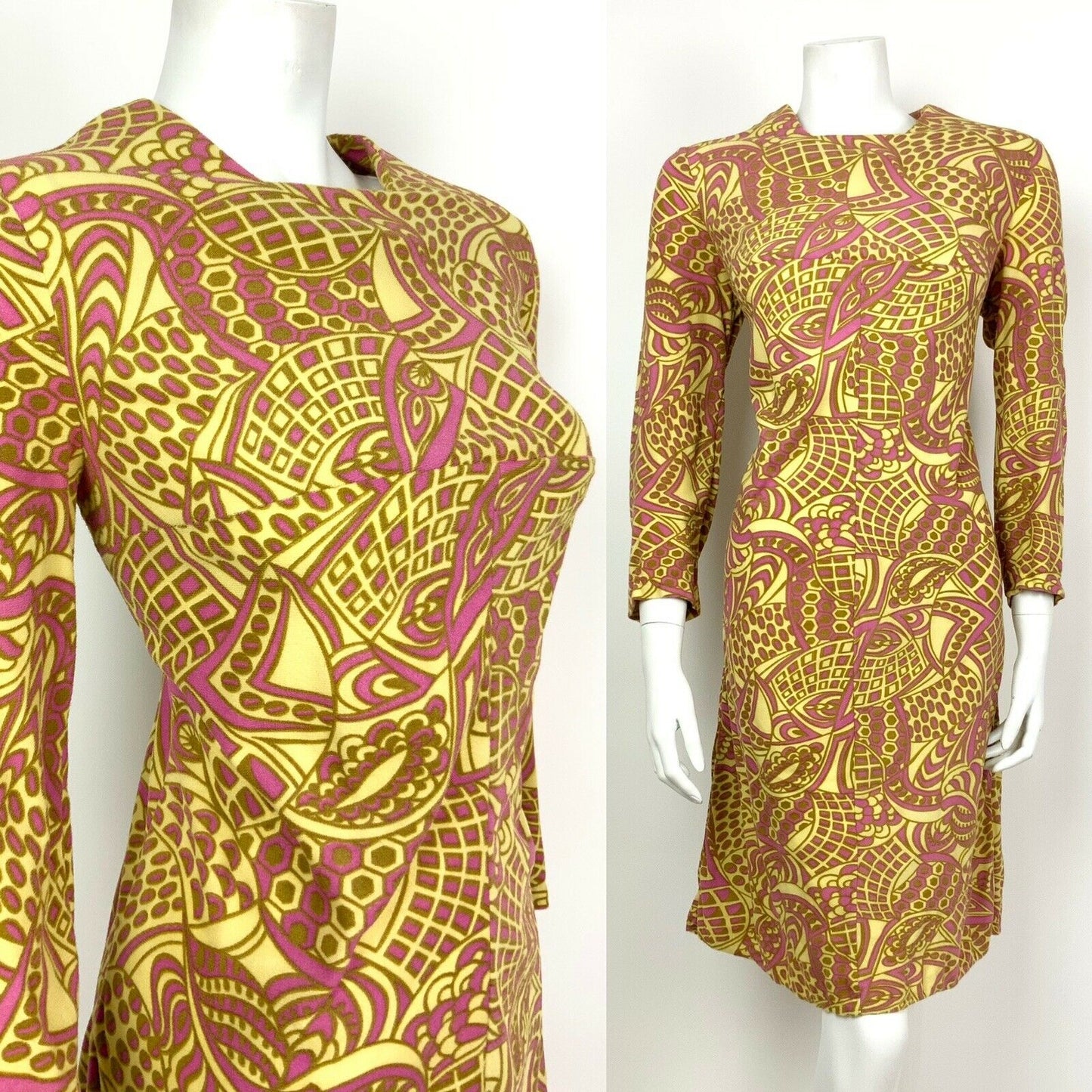 VINTAGE 60s 70s YELLOW PINK GOLD PSYCHEDELIC SWIRL EMPIRE LINE DRESS 12 14