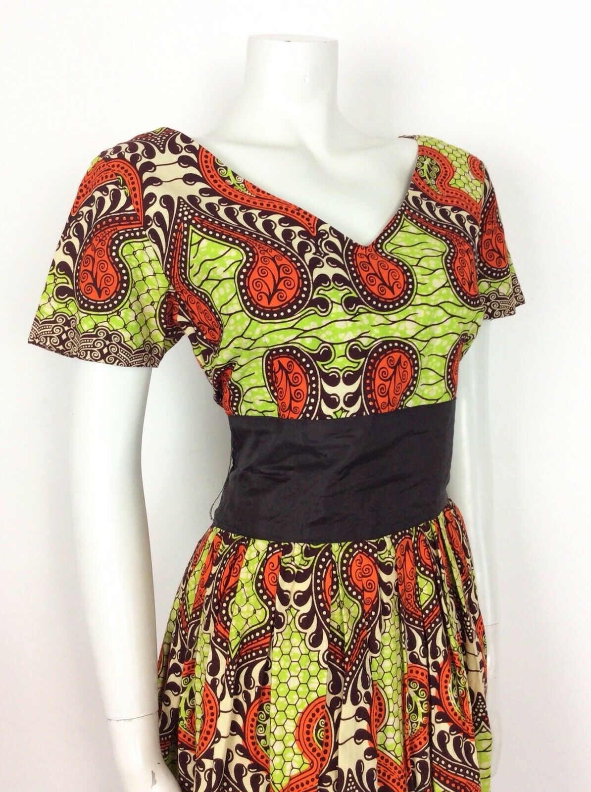 VINTAGE 60s 70s DRESS PSYCHEDELIC ANIMAL PRINT BATIK LIME GREEN ORANGE BLACK 14