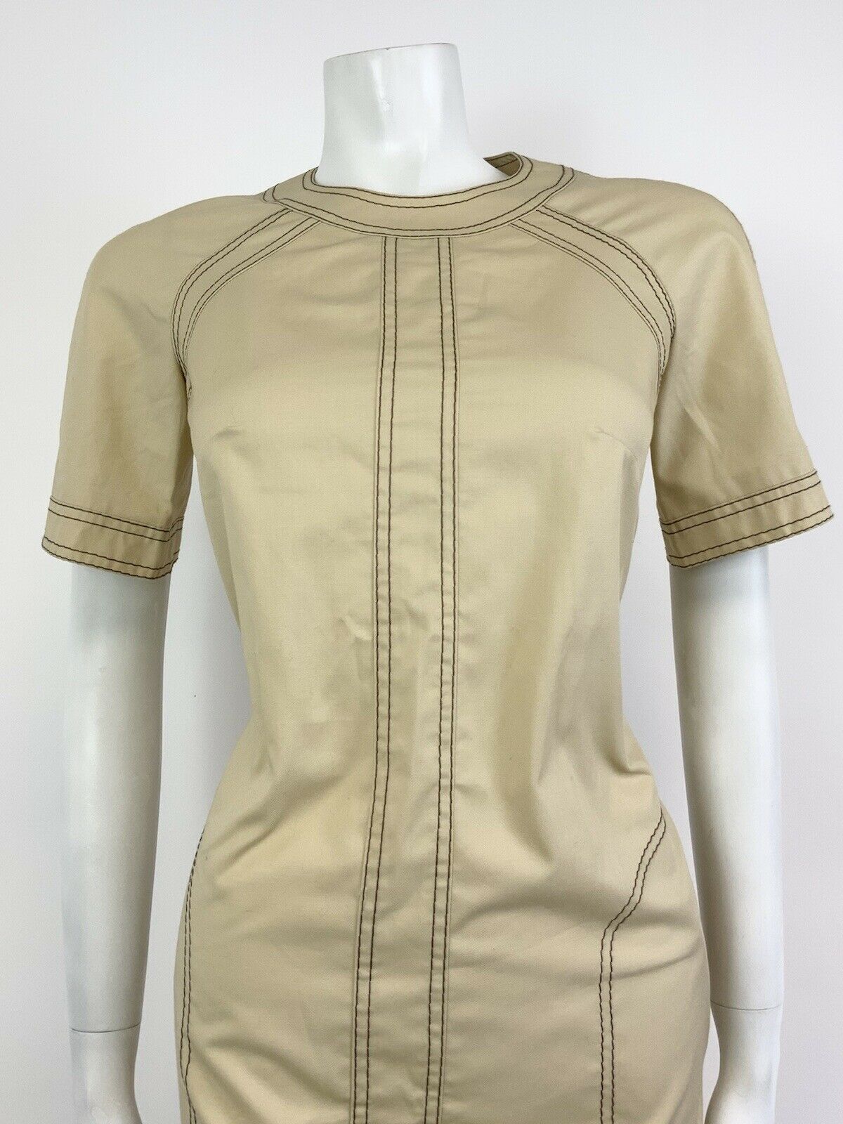 VINTAGE 60s 70s CREAM BEIGE BROWN MOD MIDI DRESS 10 12