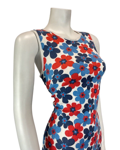 VINTAGE 60s 70s BLUE RED WHITE DAISY FLOWER POWER MOD SLEEVELESS SHORT DRESS 10