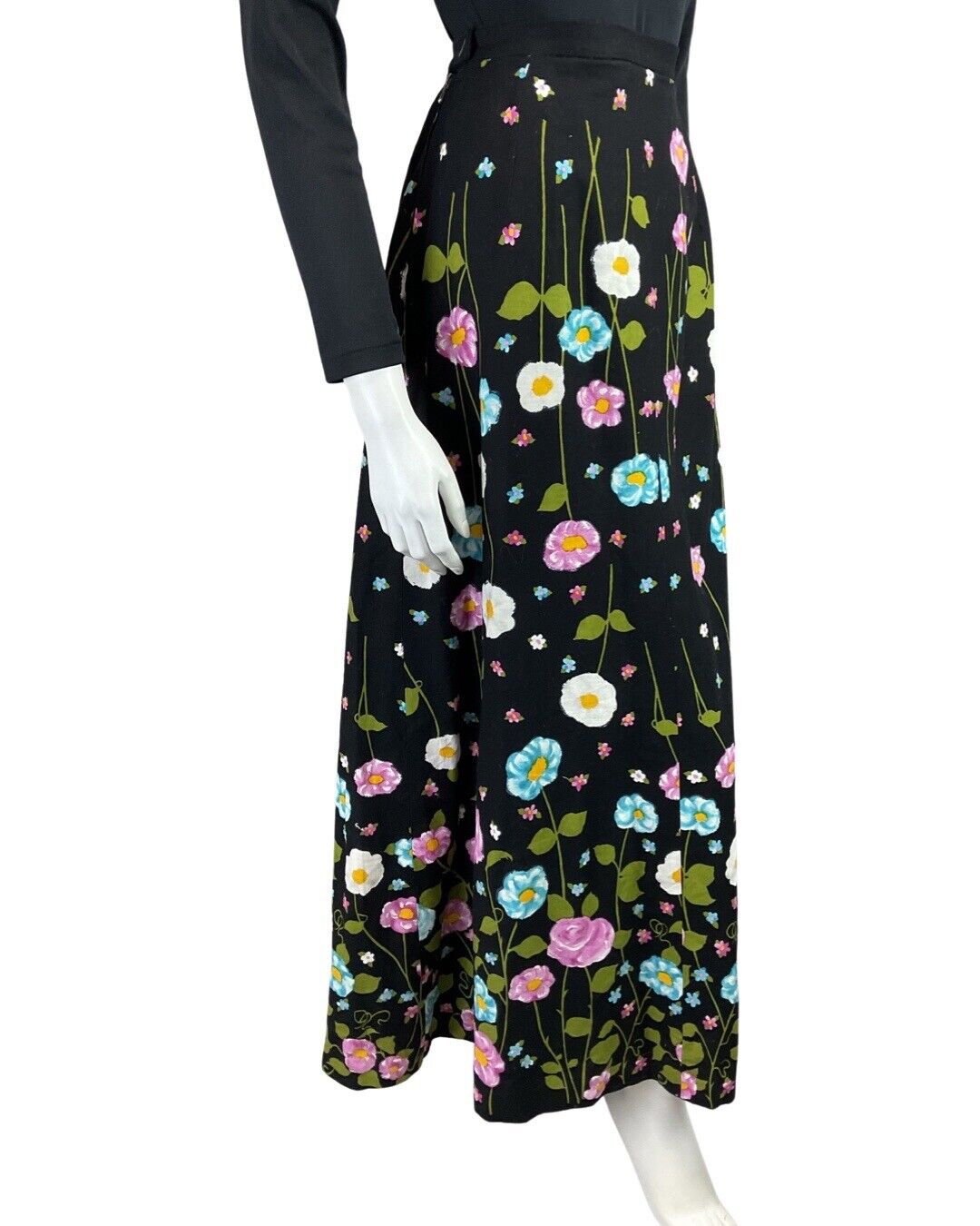 VINTAGE 60s 70s BLACK PINK BLUE FLORAL MOD DAISY ROSE MAXI SKIRT 8 10