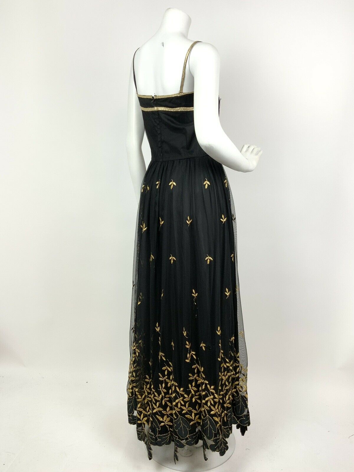 VINTAGE 60s 70s BLACK GOLD EMBROIDERED LEAF STUDIO 54 STRAPPY MESH MAXI DRESS 8