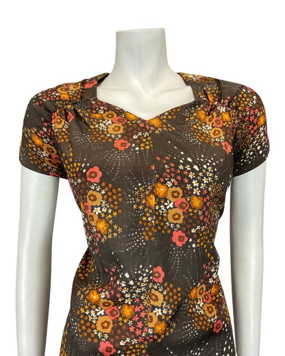 VINTAGE 60s 70s BROWN ORANGE DITSY DAISY FLOWER MOD CAP SLEEVE DRESS 12 14