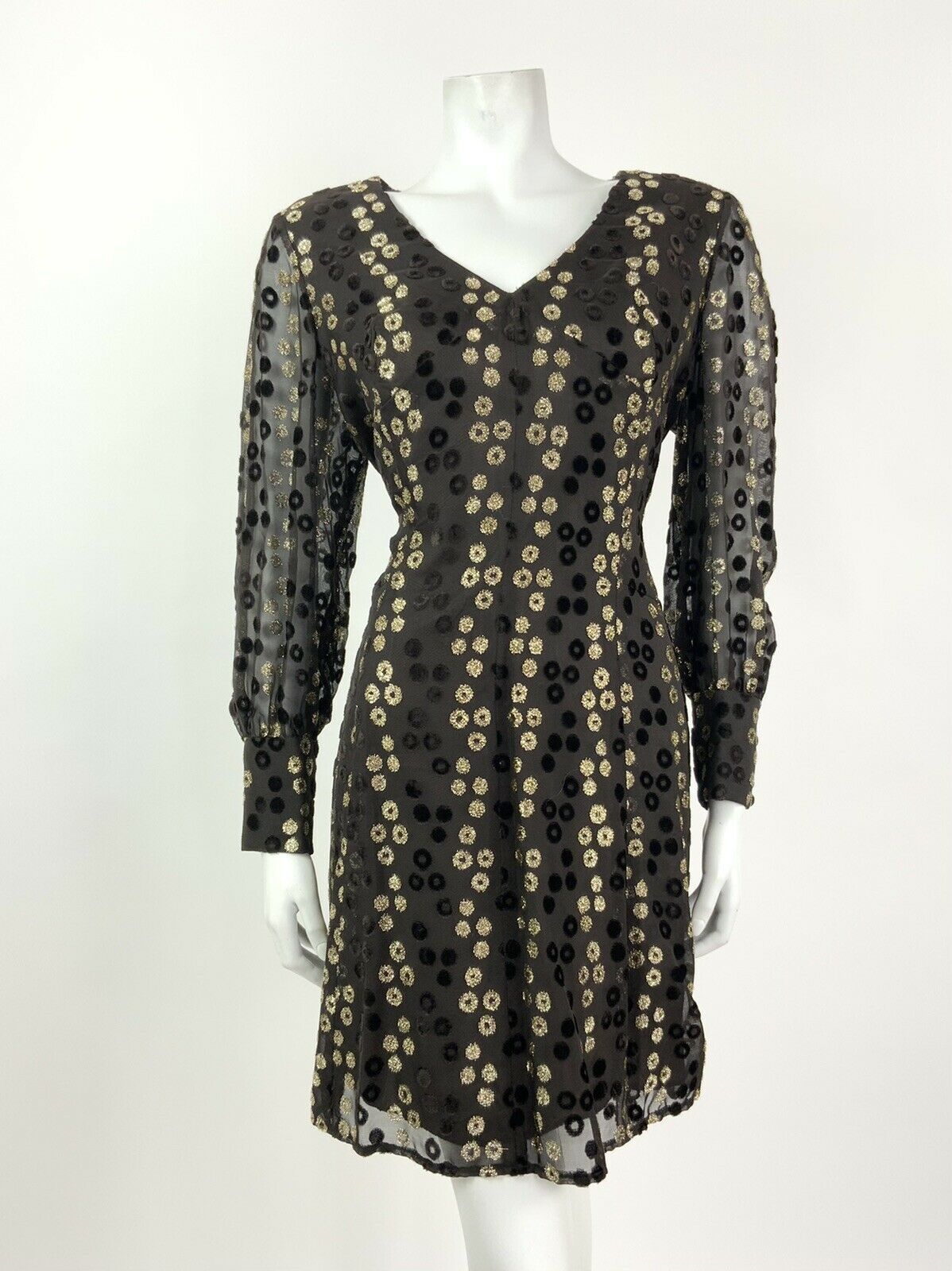 VINTAGE 60s 70s BROWN GOLD GLITTER VELVET POLKA DOT SHEER GLAM PARTY DRESS 14 16