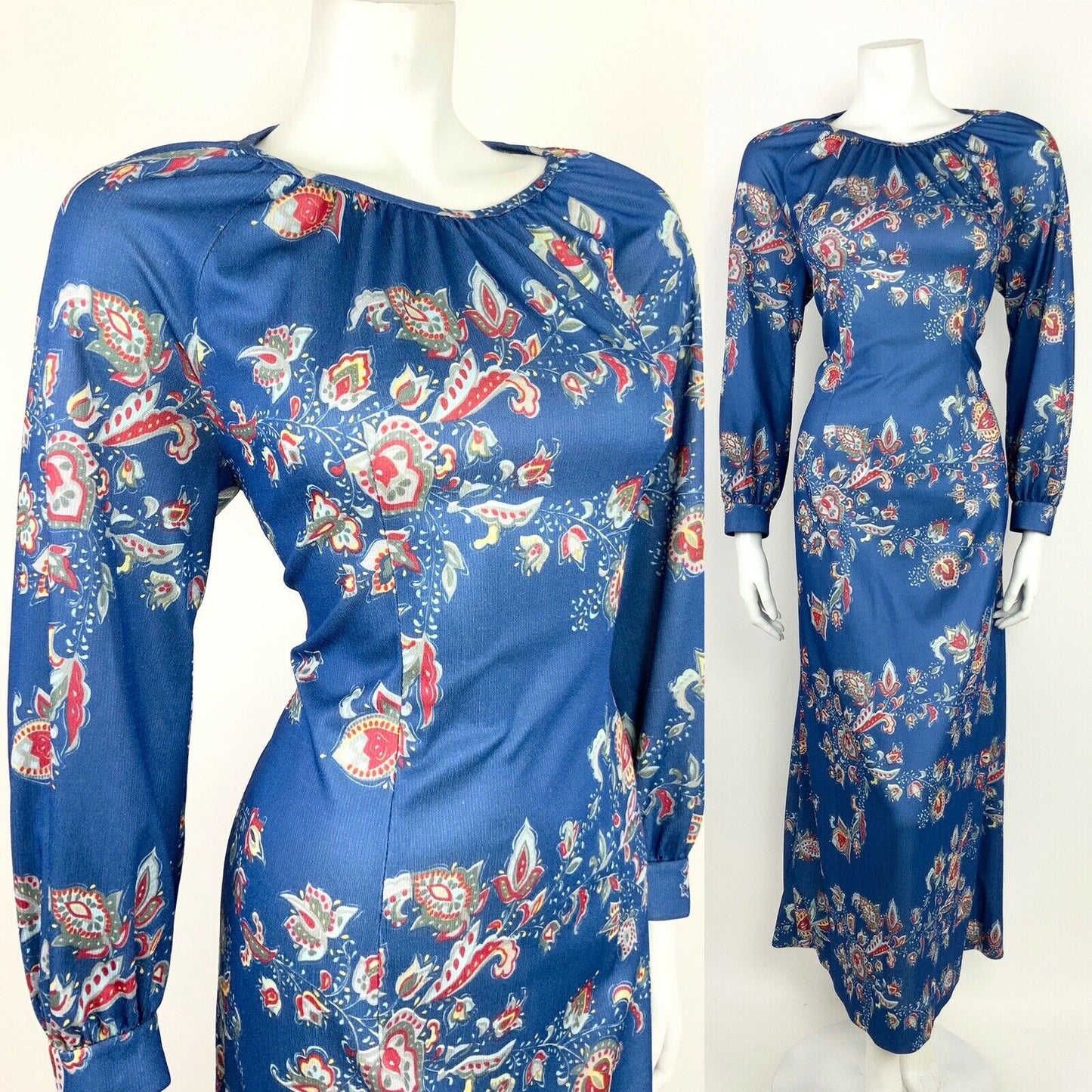 VINTAGE 60s 70s BLUE GREY SILVER RED YELLOW FLORAL PAISLEY MAXI DRESS 10 12