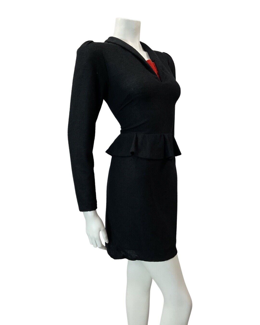 VINTAGE 70s 80s BLACK RED FITTED PEPLUM LONG SLEEVE SHORT KNIT DRESS 10