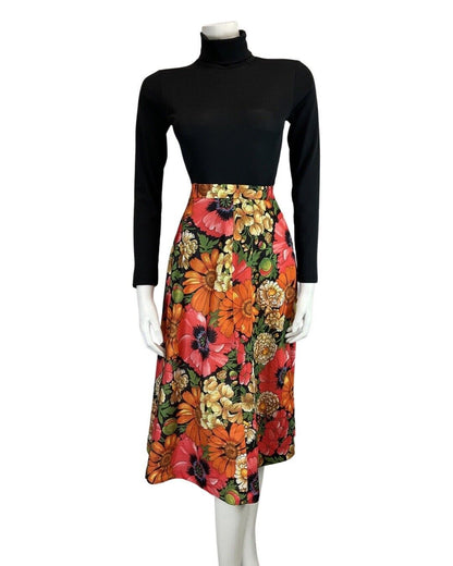 VINTAGE 60s 70s ORANGE PINK GREEN PSYCHEDELIC FLORAL POPPY SWING SKIRT 10