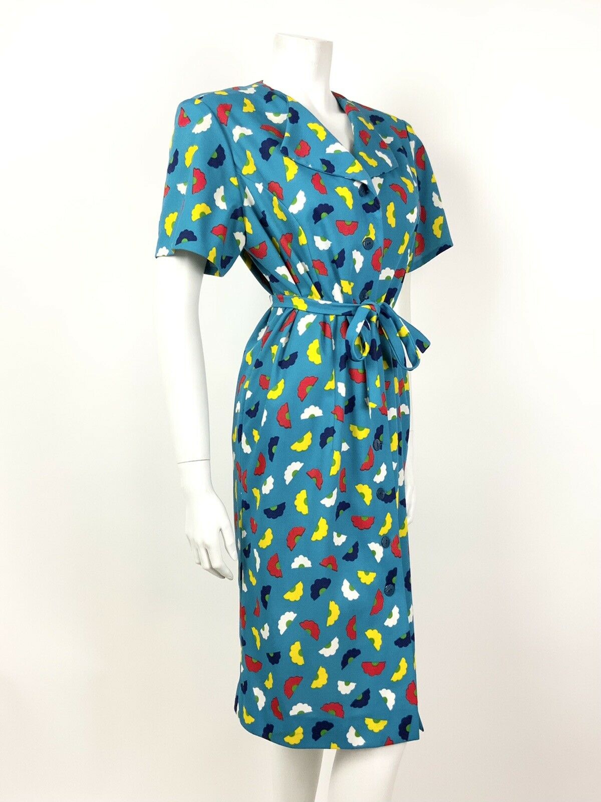 VINTAGE 70s 80s BLUE YELLOW RED WHITE FLORAL DAISY BELTED SHIFT DRESS 14 16