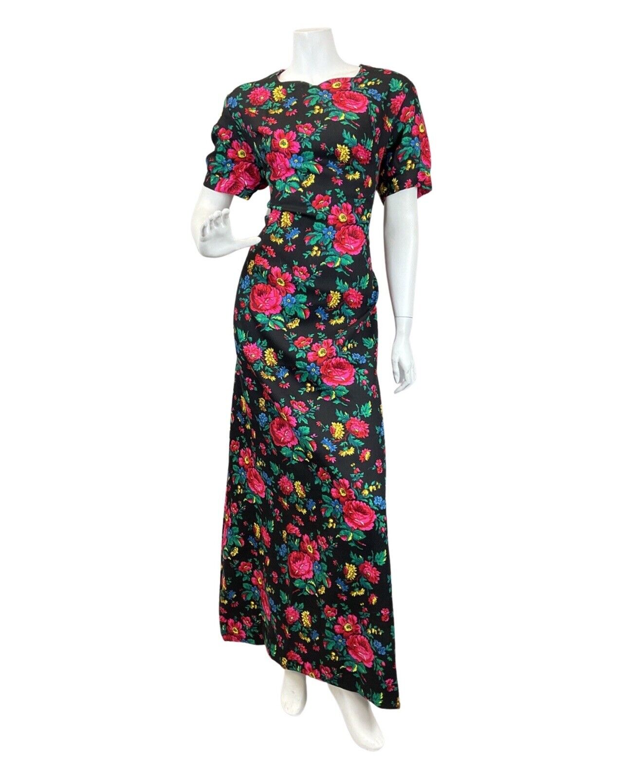 VNITAGE 60s 70s BLACK RED GREEN FLORAL ROSE SWEETHEART MOD MAXI DRESS 14 16