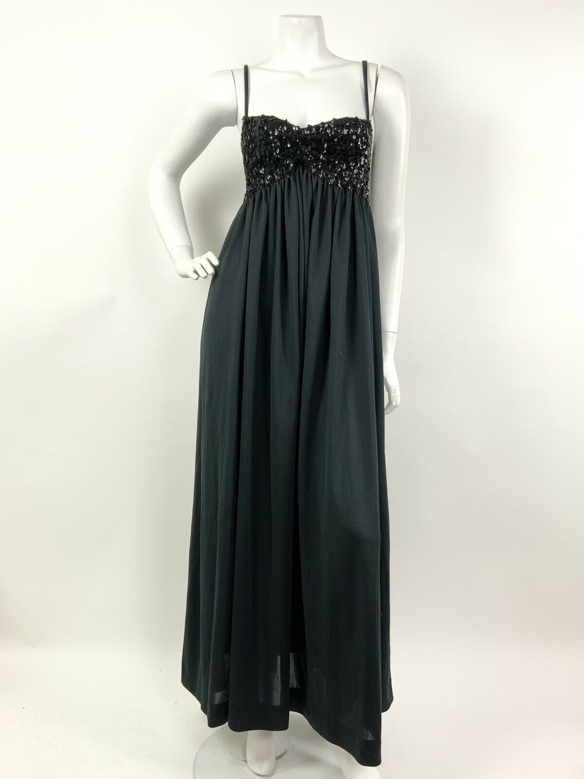 VINTAGE 60s 70s BLACK SEQUIN DISCO GLAM STUDIO 54 STRAPPY MAXI DRESS 4 6