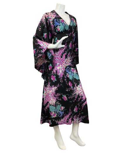 VINTAGE 60s 70s BLACK PINK BLUE FLORAL LEAFY ANGEL SLEEVE MAXI DRESS 12 14