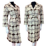 VINTAGE 60s 70s STYLE CREAM BROWN ABSTRACT DOGTOOTH BELTED MOD MIDI COAT 14 16