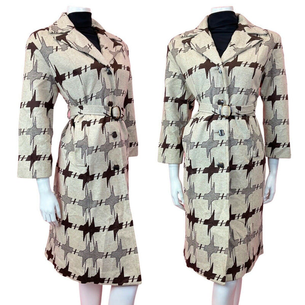 VINTAGE 60s 70s STYLE CREAM BROWN ABSTRACT DOGTOOTH BELTED MOD MIDI COAT 14 16