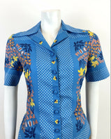 VTG 60s 70s BLUE YELLOW ORANGE FLORAL PSYCHEDELIC CHECKED DAGGER BLOUSE TOP 12