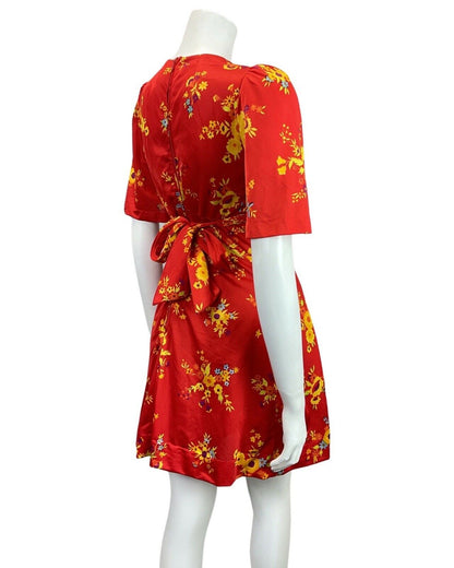 VINTAGE 60s 70s RED YELLOW BLUE FLORAL BELL SLEEVE MOD MINI SWING DRESS 8