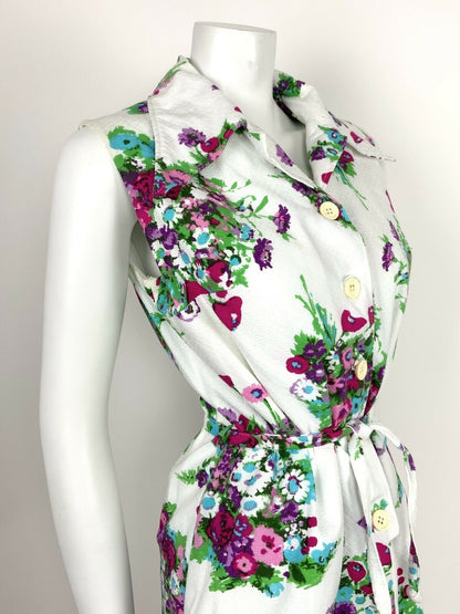 VINTAGE 60s 70s WHITE PINK PURPLE GREEN BOUQUET FLORAL WINGED SHIRT DRESS 12 14