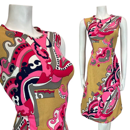 VINTAGE 60s 70s PINK BEIGE GREY PSYCHEDELIC SWIRL MOD SLEEVELESS DRESS 10 12