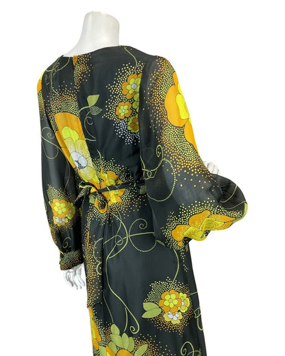 VTG 60s 70s BLACK YELLOW ORANGE FLORAL PRINT PSYCHEDELIC MAXI DRESS 10 12