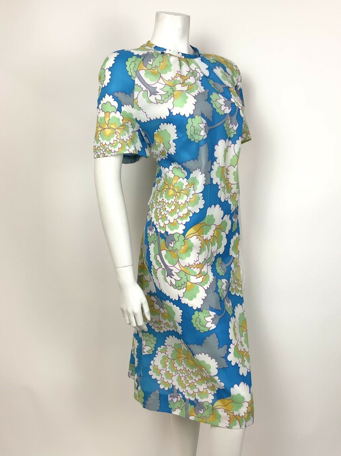 VINTAGE 60s 70s BLUE GREEN WHITE YELLOW FLORAL PSYCH TENT SHIFT DRESS 14 16