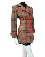 VINTAGE 60s 70s RED YELLOW BLACK CHECKED PLAIN MOD DOUBLE-BREASTED COAT 12 14